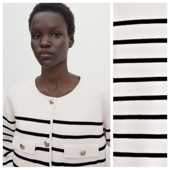 NWT. Massimo Dutti Pale Ecru/Black Striped Knit Cardigan. Size XS. - Picture 4 of 12